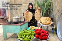 ببینید؛ غذای روستایی در ایلام؛ پخت نان ساجی و خوراک بامیه و گوجه