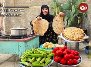 ببینید؛ غذای روستایی در ایلام؛ پخت نان ساجی و خوراک بامیه و گوجه