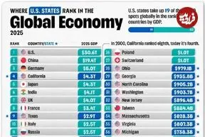 اینفوگرافی| جایگاه ایالت‌های آمریکا در میان ۵۰ اقتصاد برتر جهان در سال ۲۰۲۵ ر