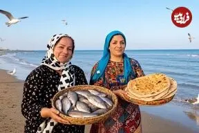 ببینید| غذای روستایی در ایران؛ کباب کردن ماهی کپور و پخت نان در ساحل دریای خزر