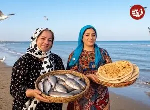 ببینید| غذای روستایی در ایران؛ کباب کردن ماهی کپور و پخت نان در ساحل دریای خزر