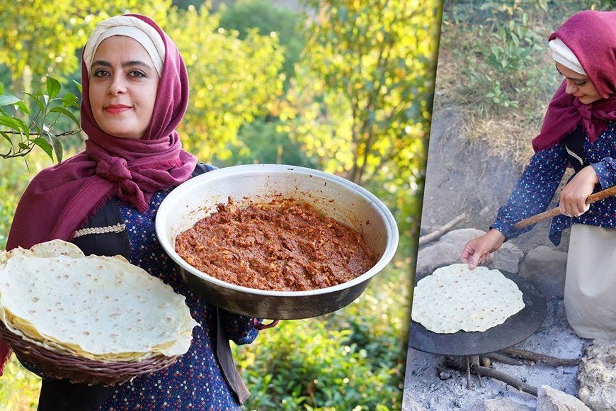 (ویدئو) غذاهای روستایی: پخت نان تازه و میرزا قاسمی به سبک بانوی روستایی شمالی