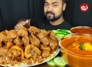 (ویدئو) غذا خوردن با صدا به سبک بنگلادشی؛ خوردن 2.5 کیلو چلو جگر و دل بره