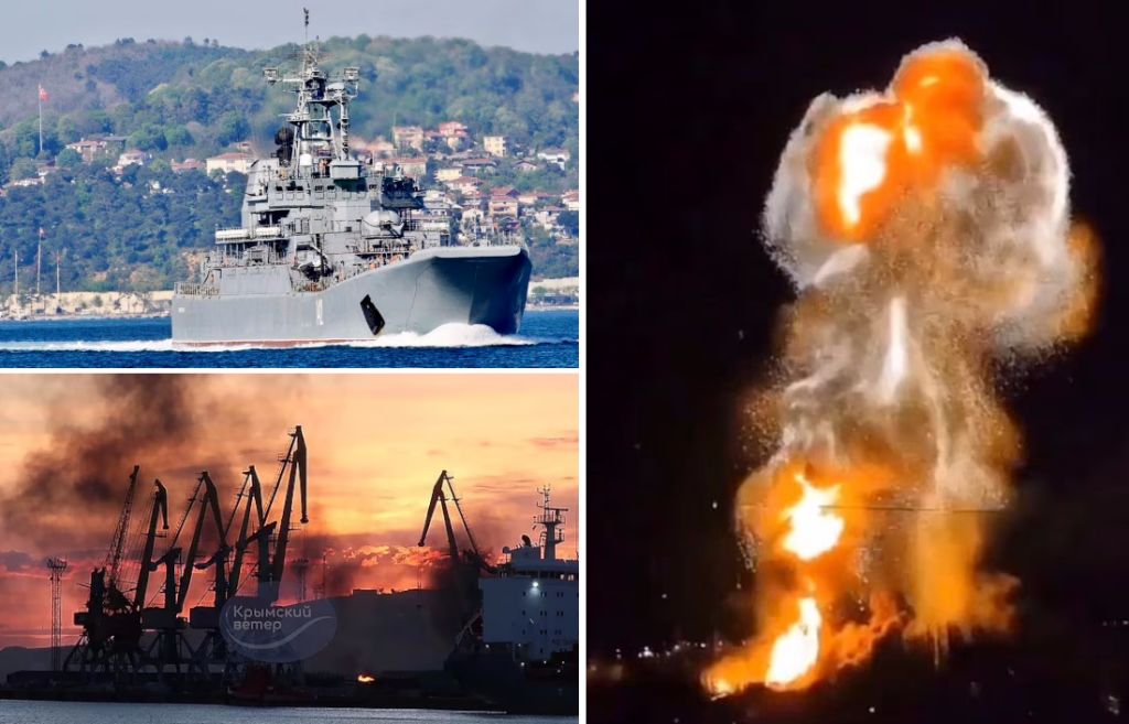 (ویدئو) لحظه اصابت موشک اوکراینی به کشتی جنگی روسیه و انفجار مهیب آن