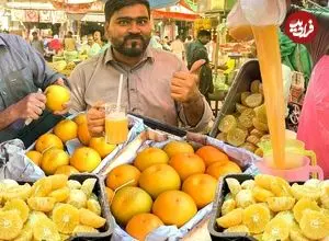 ببینید| غذای خیابانی در پاکستان؛ تهیه آب پرتقال و آب لیمو شیرین در کراچی