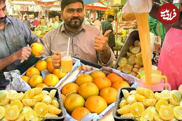 ببینید| غذای خیابانی در پاکستان؛ تهیه آب پرتقال و آب لیمو شیرین در کراچی