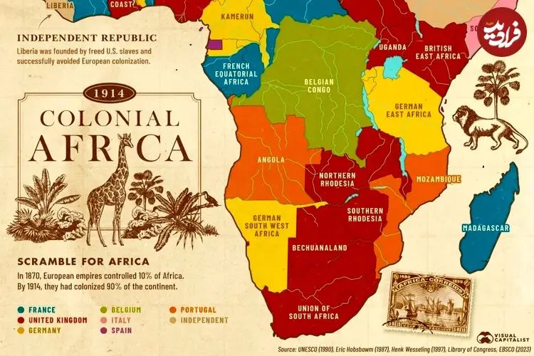 نقشه قاره آفریقا در سال ۱۹۱۴ و دورانی که ۹۰ درصد آن تحت کنترل استعمار بود + اینفوگرافی