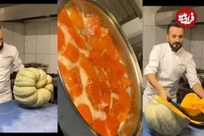 ببینید| غذای خیابانی در ترکیه؛ تهیه دسر کدو حلوایی به روش یک آشپز ماهر در استانبول