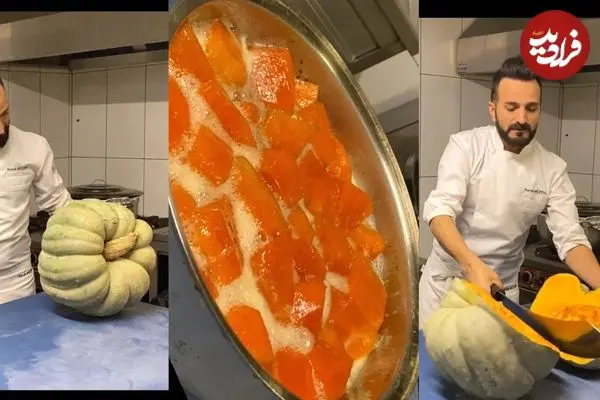 ببینید| غذای خیابانی در ترکیه؛ تهیه دسر کدو حلوایی به روش یک آشپز ماهر در استانبول