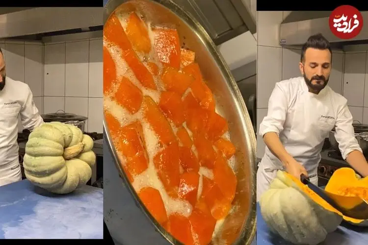 ببینید| غذای خیابانی در ترکیه؛ تهیه دسر کدو حلوایی به روش یک آشپز ماهر در استانبول