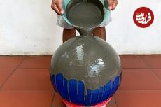 ببینید| آموزش ساخت یک گلدان زیبا با توپ پلاستیکی، سیمان و طناب به روش استاد چینی