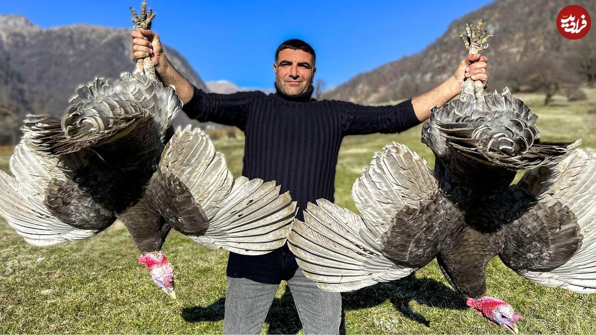 ببینید؛ غذای روستایی در آذربایجان؛ کباب کردن بوقلمون در طبیعت