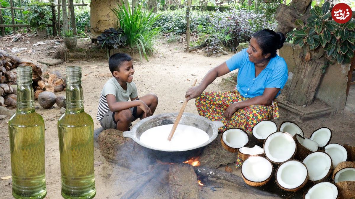 ببینید| غذای روستایی در سریلانکا؛ تهیه روغن نارگیل خالص توسط بانوی روستایی
