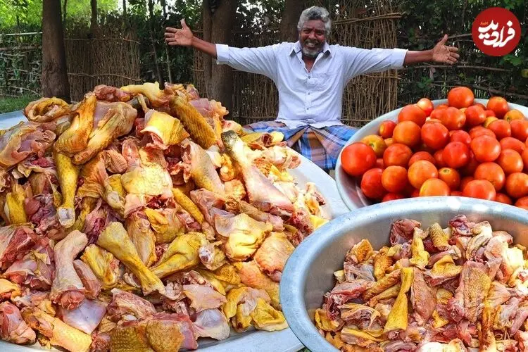ببینید|  غذای  روستایی در هند؛ پخت بریانی با 50 کیلوگرم مرغ، برنج و گوجه فرنگی