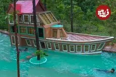 ببینید| ساخت یک ویلای 3 طبقه شکل قایق با استخر در جنگل های کامبوج