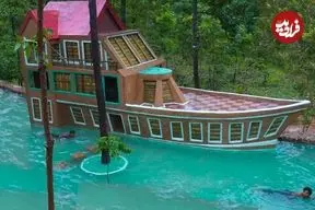ببینید| ساخت یک ویلای 3 طبقه شکل قایق با استخر در جنگل های کامبوج