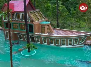 ببینید| ساخت یک ویلای 3 طبقه شکل قایق با استخر در جنگل های کامبوج