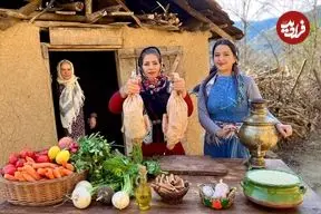 ببینید| غذای روستایی در ایران؛ پخت بریانی با اردک شکم پر در روستا