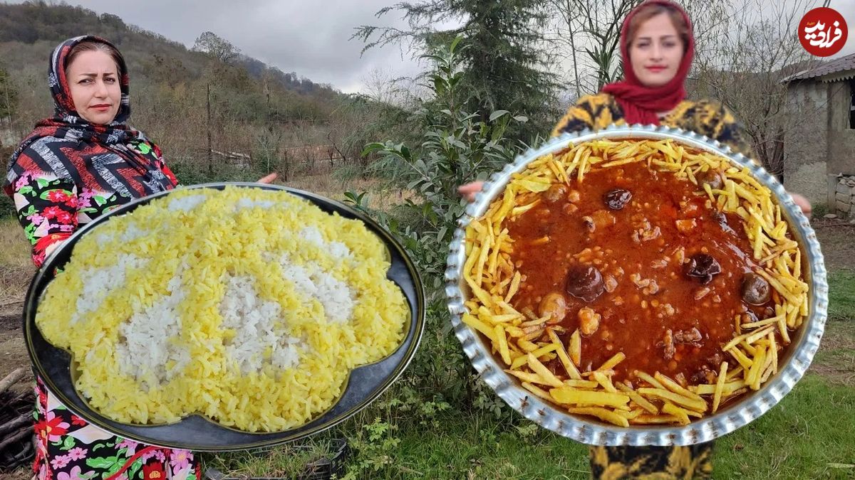 (ویدئو) طبخ یک غذای سنتی با گوشت گوسفند و برنج توسط دو بانوی روستایی گیلانی