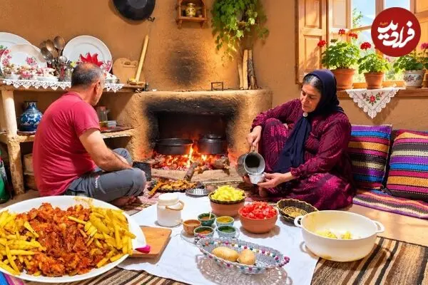 ببینید| غذای روستایی در ایران؛ پخت یک غذای متفاوت با مرغ و سیب زمینی و روی آتش