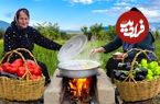 ببینید؛ غذای روستایی در آذربایجان؛ پخت دلمه بادمجان، فلفل دلمه ای و گوجه