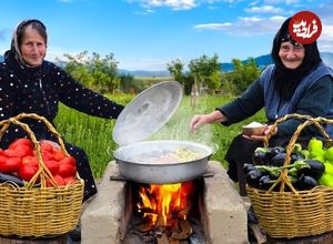 ببینید؛ غذای روستایی در آذربایجان؛ پخت دلمه بادمجان، فلفل دلمه ای و گوجه