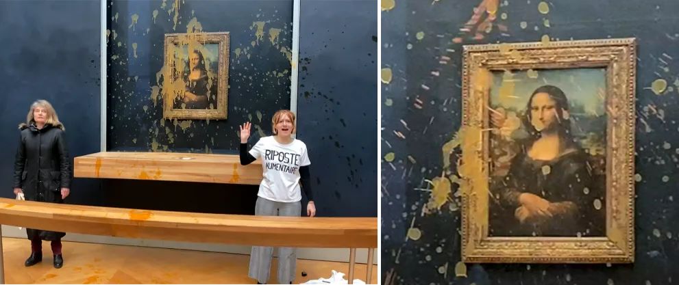 (ویدئو) پاشیدن سوپ روی تابلوی «مونالیزا» در موزه لوور توسط دو فعال محیط زیستی 