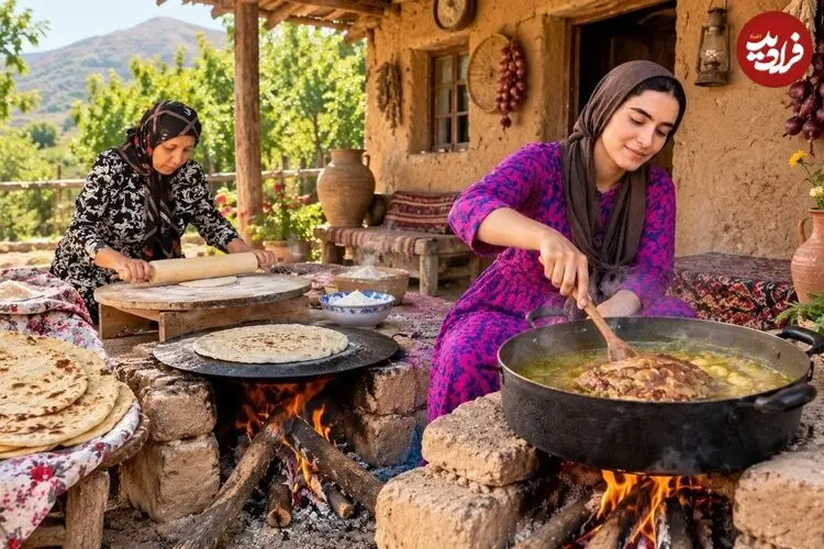 ببینید| غذای روستایی در ایران؛ پخت خوراک با زبان گاو و تهیه نان تافتون