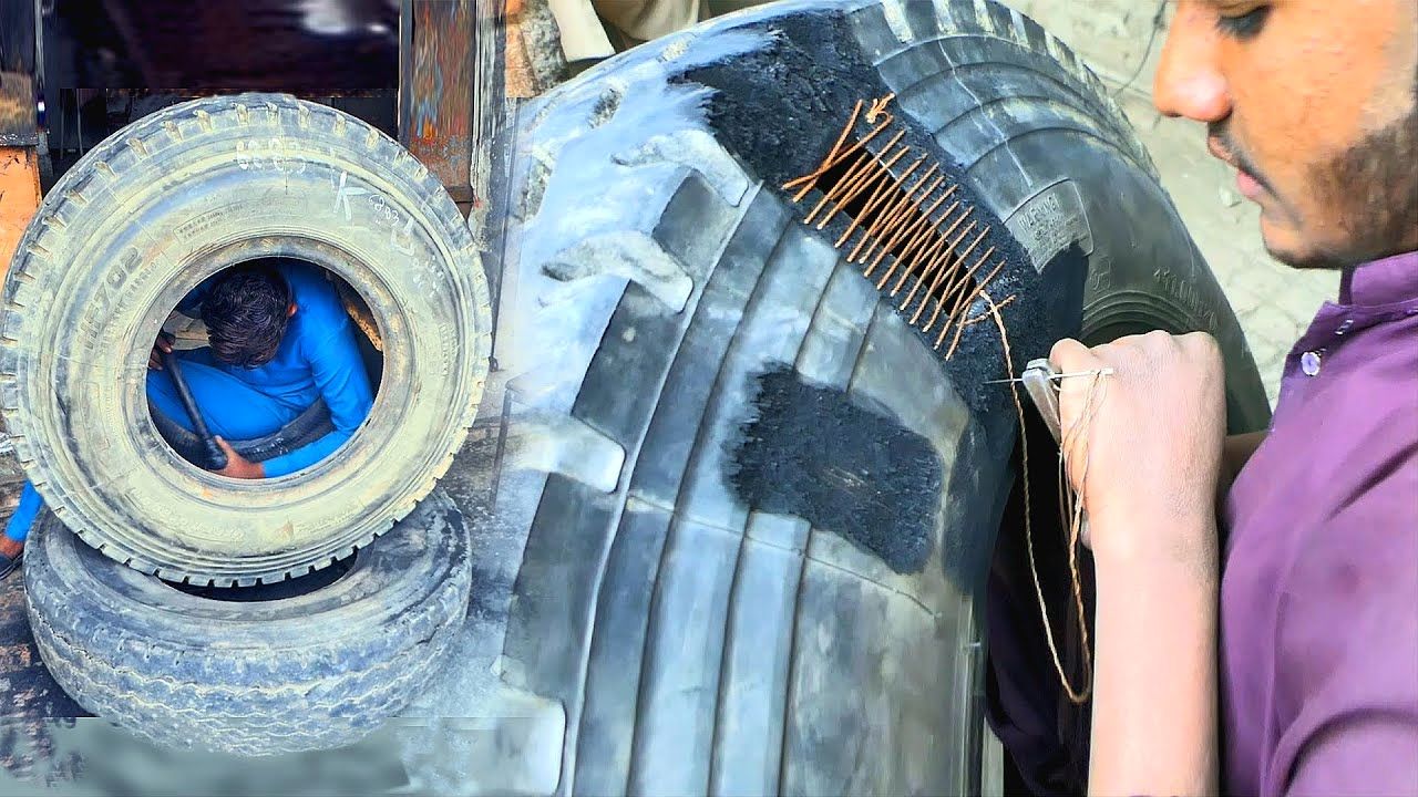 (ویدئو) مهارت تماشایی استاد پاکستانی در تعمیر پارگی لاستیک بزرگ و قدیمی