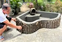 (ویدئو) روش خلاقانه استاد تایلندی در ساخت حوض ماهی با سیمان، آجر و شاخه درخت