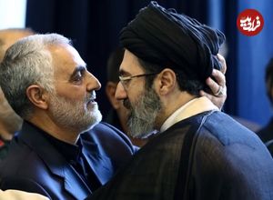 عکس؛ سفر به تاریخ؛ «سید مجتبی خامنه‌ای، فرزند رهبر انقلاب» در 12 سالگی در کنار پدر؛ دهۀ 60