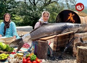 ببینید؛ غذای روستایی در ایران؛ کباب ماهی در بشکه و پخت نان روی ساج