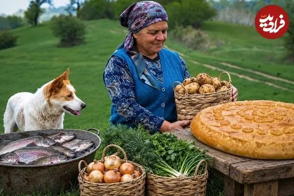 ببینید| غذای روستایی در آذربایجان؛ پخت کیک پای با ماهی قزل آلا