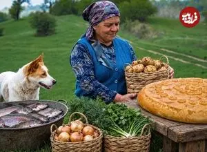 ببینید| غذای روستایی در آذربایجان؛ پخت کیک پای با ماهی قزل آلا