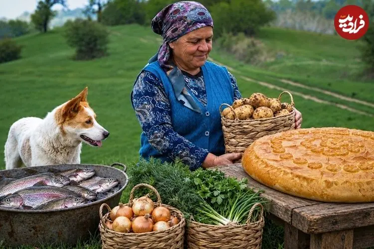 ببینید| غذای روستایی در آذربایجان؛ پخت کیک پای با ماهی قزل آلا