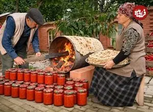 ببینید| غذای روستایی در آذربایجان؛ کباب کردن مرغ در بشکه، پخت نان و تهیه سس