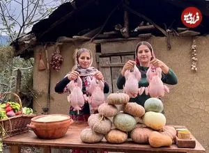 ببینید| غذای روستایی در ایران؛ پخت کدو حلوایی پر شده با پلو و مرغ