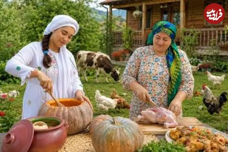 ببینید| غذای روستایی در ایران؛ پخت کدو حلوایی پر شده با مرغ  و برنج روی آتش