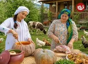 ببینید| غذای روستایی در ایران؛ پخت کدو حلوایی پر شده با مرغ  و برنج روی آتش