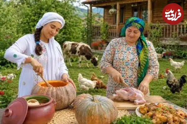 ببینید| غذای روستایی در ایران؛ پخت کدو حلوایی پر شده با مرغ  و برنج روی آتش