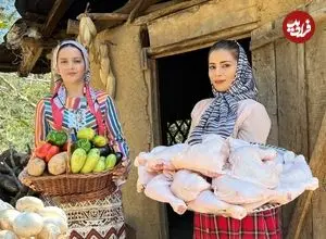 ببینید| غذای روستایی در ایران؛ پخت خوراک مرغ و بادمجان همراه با نان سنتی در کوهستان
