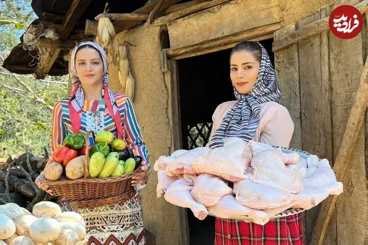 ببینید| غذای روستایی در ایران؛ پخت خوراک مرغ و بادمجان همراه با نان سنتی در کوهستان