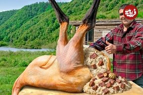ببنیید؛ غذای روستایی در آذربایجان؛ کباب شتر مرغ شکم پر در طبیعت