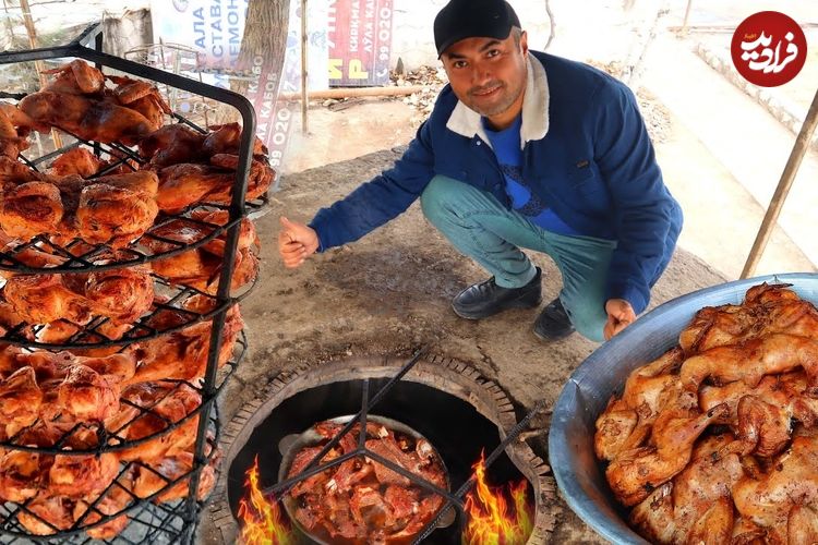 ببینید| غذای خیابانی در ازبکستان؛ کباب کردن 20 مرغ کامل در تنور زیر زمینی در تاشکند