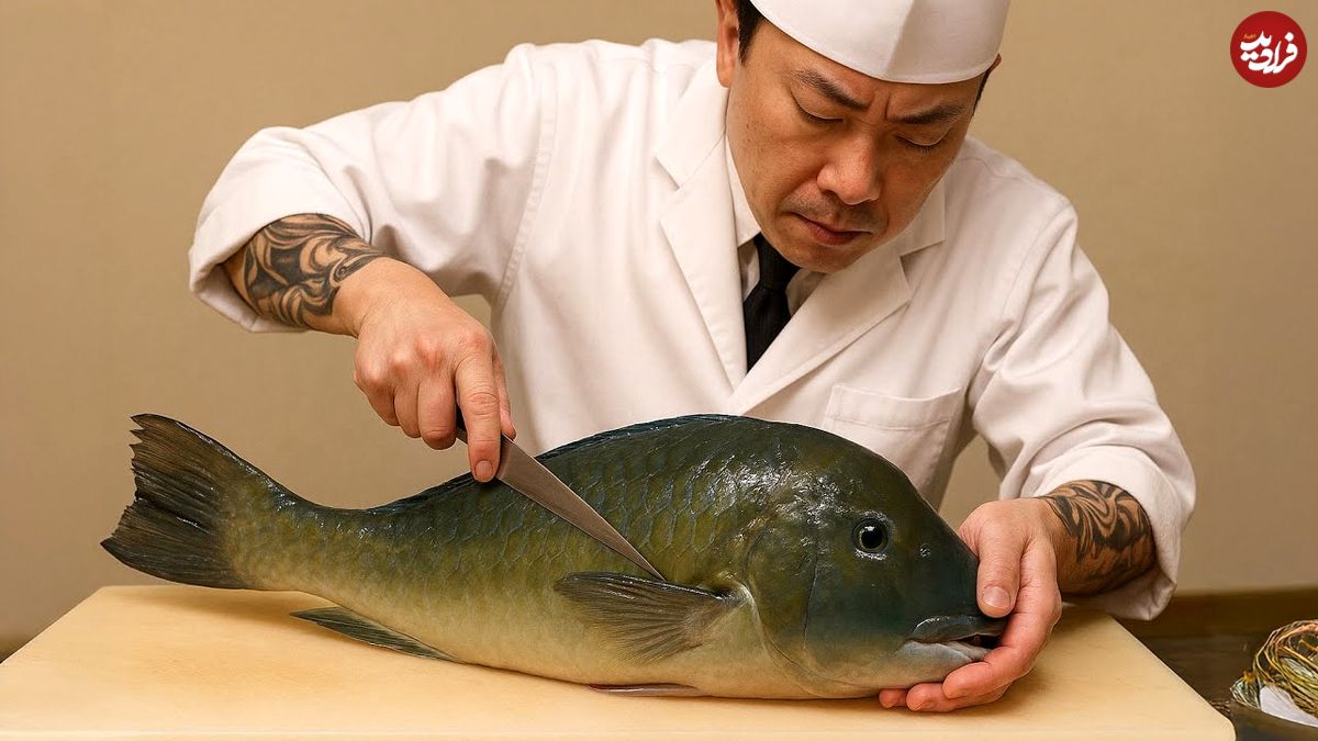 ببییند؛ غذای خیابانی در ژاپن؛ برش ماهرانه ماهی کمیاب Scarbreast Tuskfish و تهیه ساشیمی
