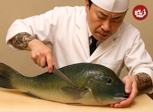 ببییند؛ غذای خیابانی در ژاپن؛ برش ماهرانه ماهی کمیاب Scarbreast Tuskfish و تهیه ساشیمی