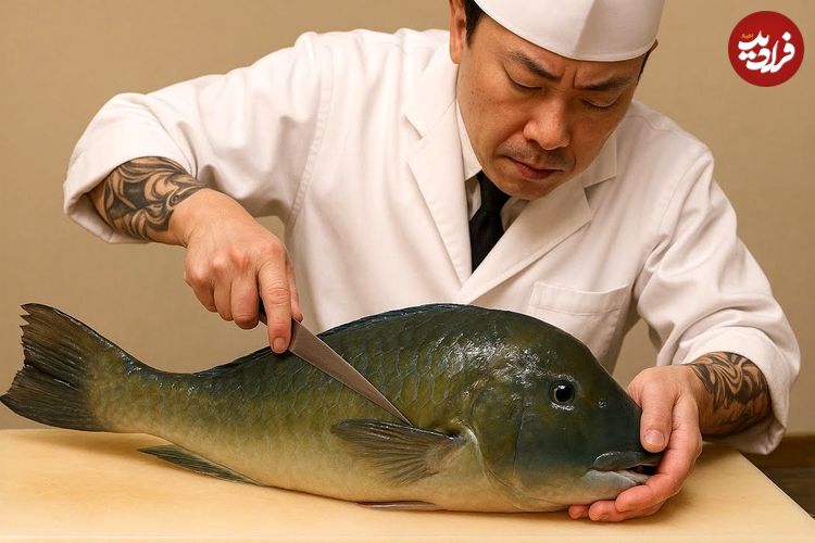 ببییند؛ غذای خیابانی در ژاپن؛ برش ماهرانه ماهی کمیاب Scarbreast Tuskfish و تهیه ساشیمی