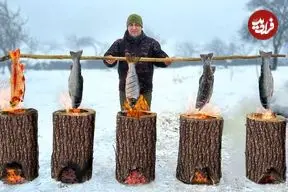 ببینید| غذای روستایی در آذربایجان؛ صید قزل آلا و پخت آن در تنه درخت 