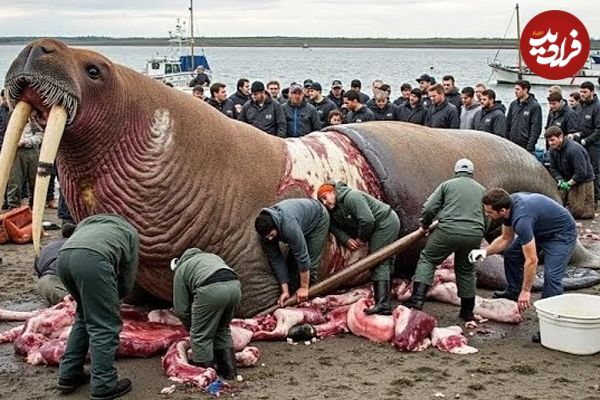 ببینید| شکار یک گراز دریایی بزرگ و برش زدن آن توسط ساکنان قطب شمال