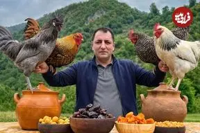 ببینید| غذای روستایی در آذربایجان؛ پخت پلو مخلوط با مرغ کبابی در طبیعت